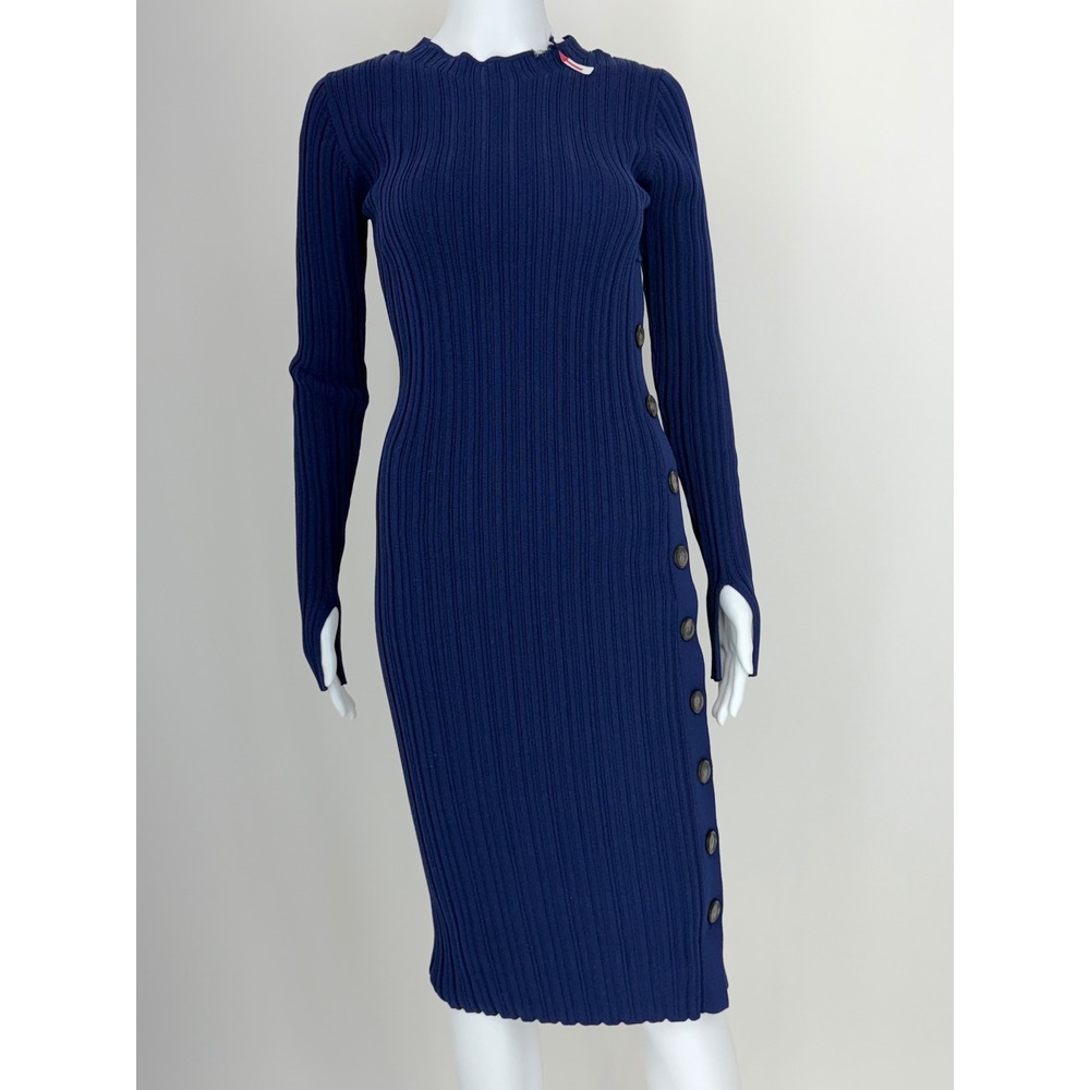Adam Lippes Collective Navy Ribbed Knit Sweater Button Side Midi Dress Small - Picture 3 of 7